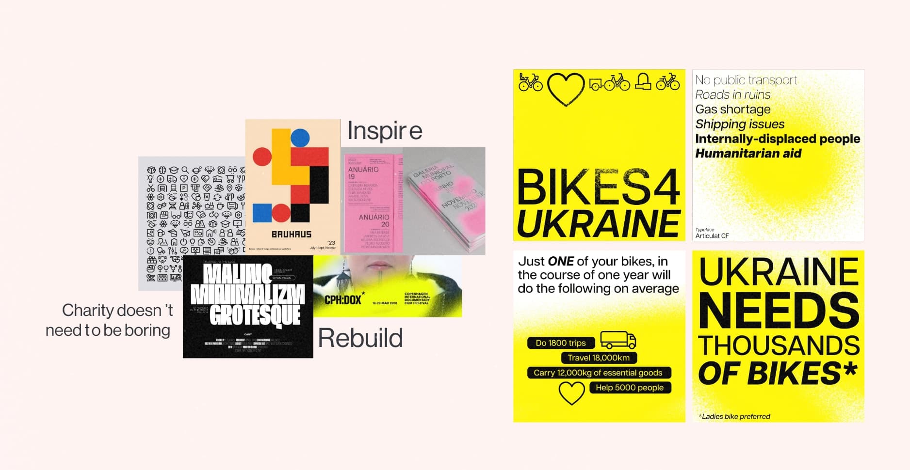 An image depicting the branding and communication strategies for the 'Bikes for Ukraine' campaign, which supports humanitarian aid in Ukraine.