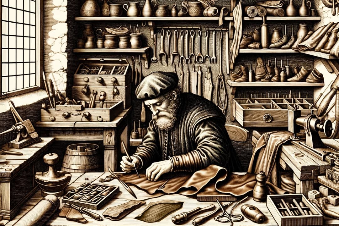 Illustration of a 16th-century craftsman in a rustic workshop, crafting leather goods, highlighting the historical context of the proverb 'making a silk purse out of a sow’s ear'.