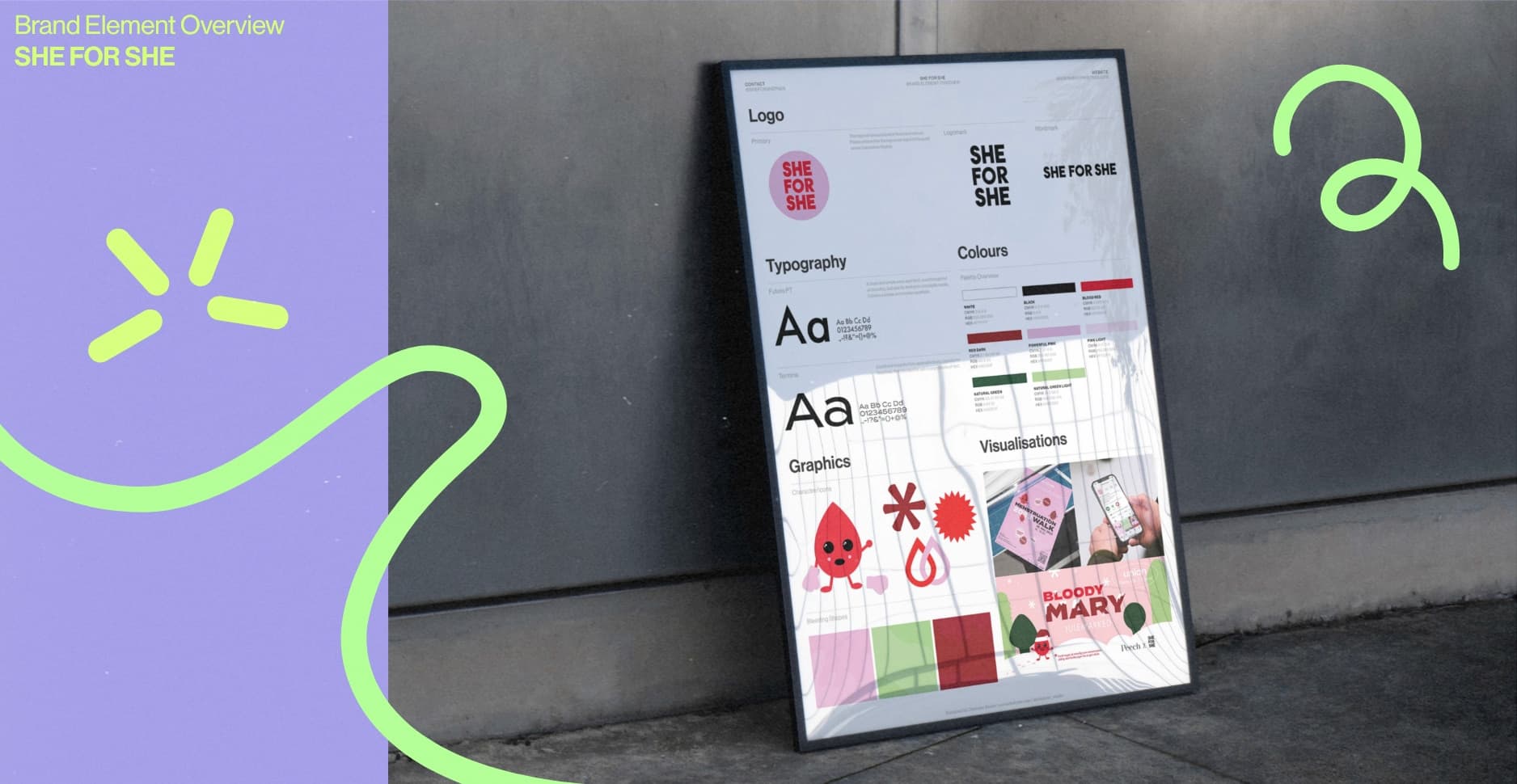 Poster showing the brand elements developed for 'She for She,' an NGO focusing on empowering girls and women in Africa.
