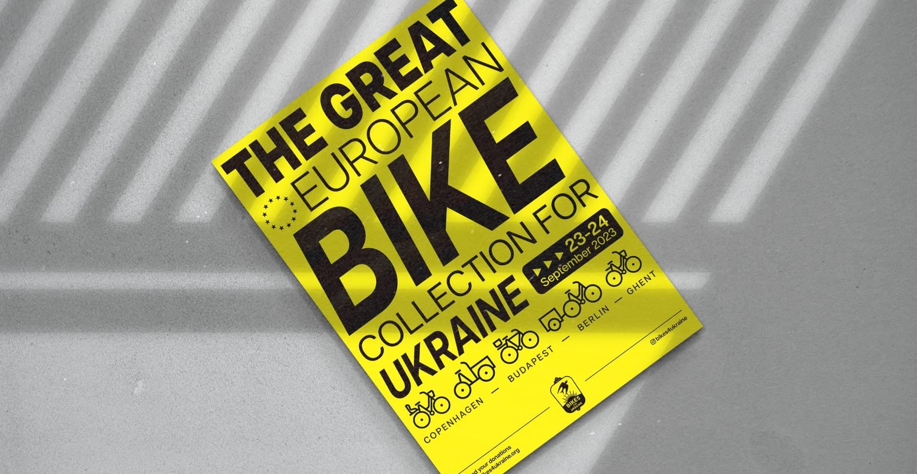 A promotional poster for The Great European Bike Collection for Ukraine, detailing the event dates and participating cities, including Copenhagen, Budapest, Berlin, and Ghent.