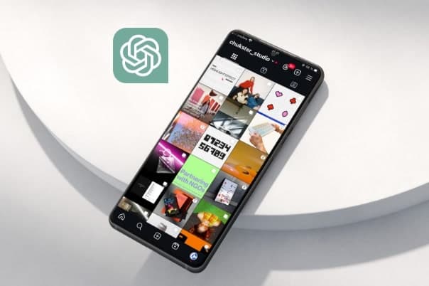 Mockup of a phone displaying the Chukster Instagram feed with a ChatGPT icon on the mockup.