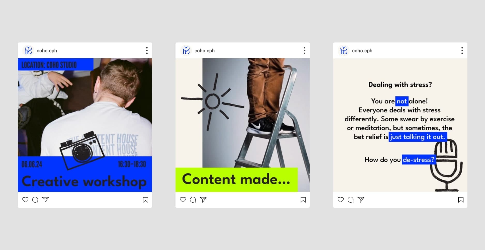 Instagram post example designed for CoHo, featuring their brand identity elements such as logo, colors, and typography, by Chukster.