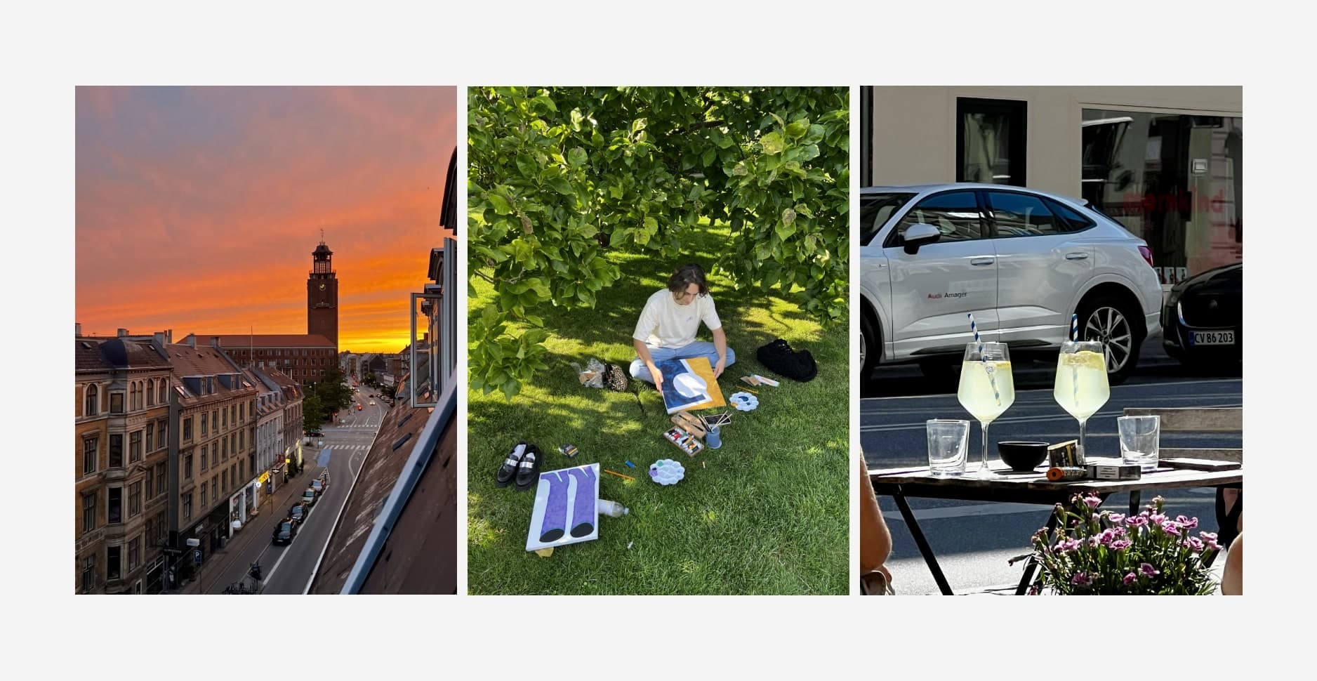 Montage of Copenhagen featuring a rooftop sunset, Lya's boyfriend drawing on the grass, and two glasses on a terrace table.