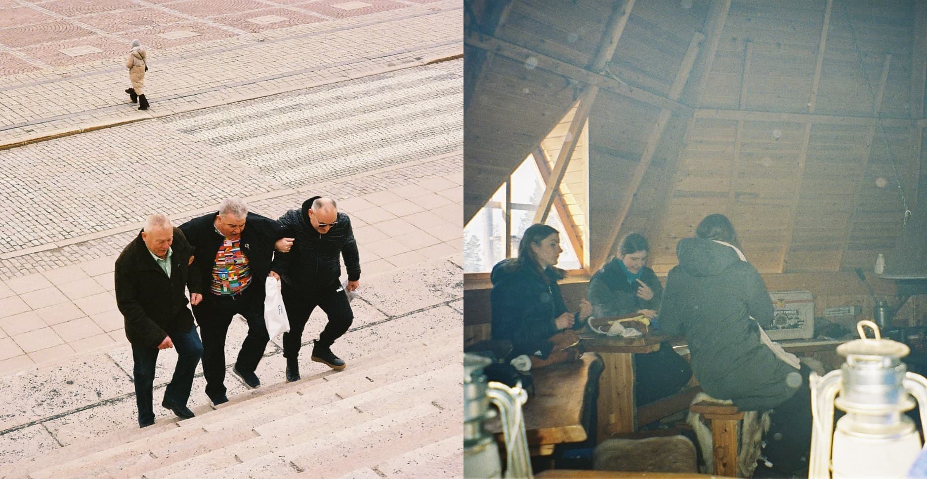 Two film photographs from Finland: one showing three elderly men climbing stairs, and another of three girls in a tipi, capturing authentic moments with people during a digital detox