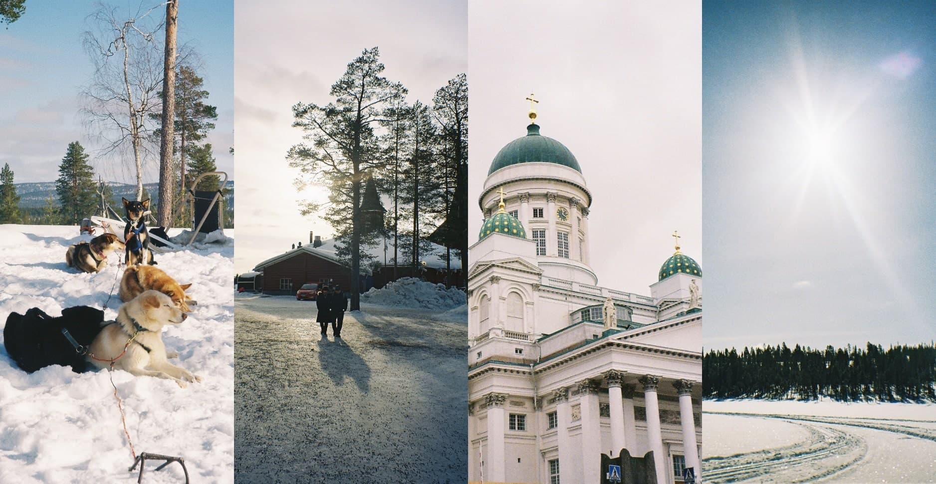 Collage of four images from Lapland and Helsinki: snowy landscapes, sled dogs, and Helsinki Cathedral, capturing the essence of a Finnish digital detox journey.