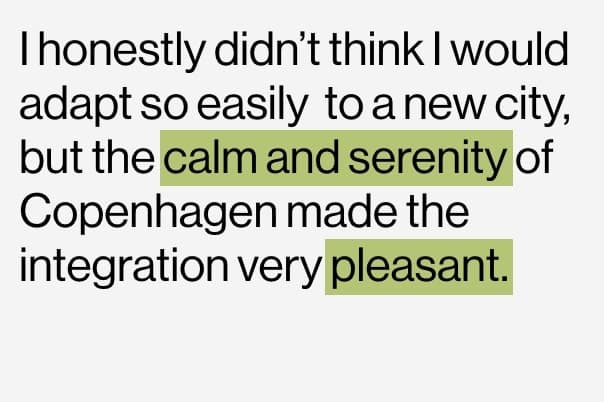 Lya sharing her thoughts on adapting to Copenhagen, featuring a quote from her article.