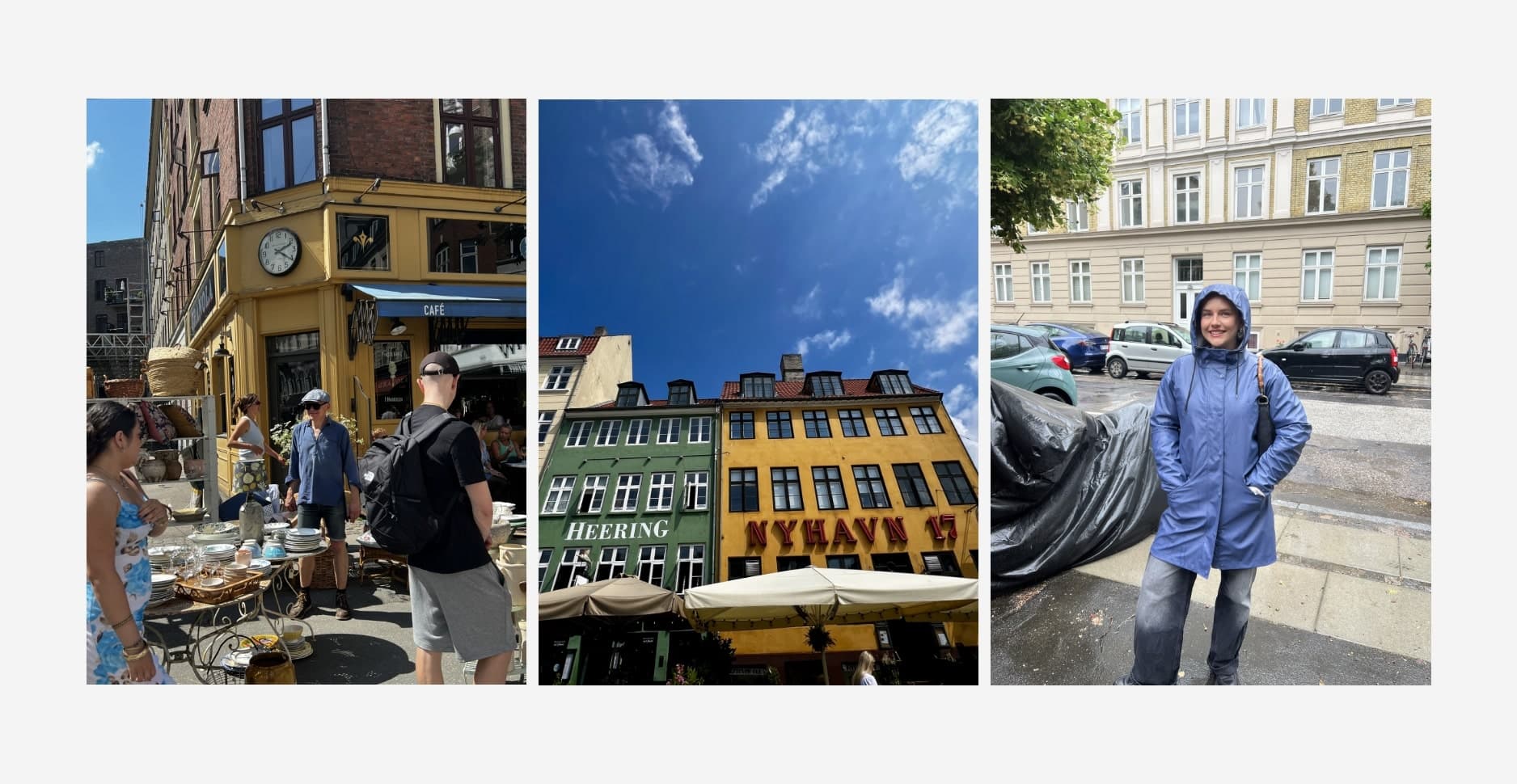 Montage of Lya in her rain jacket, Copenhagen streets and market, and Nyhavn buildings.