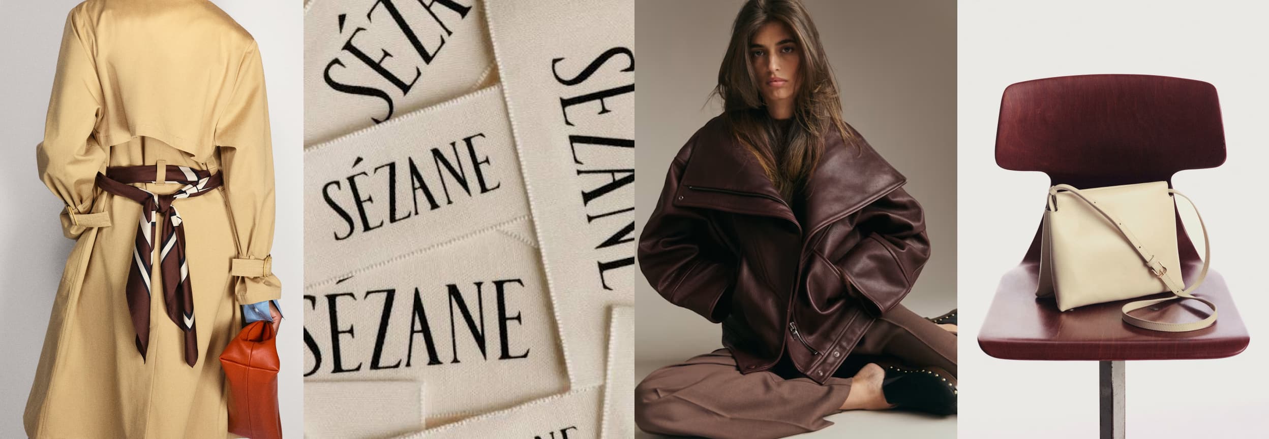 Sézane 2026 rebrand: trench coat, new serif logo tags, leather jacket, and bag on a chrome chair