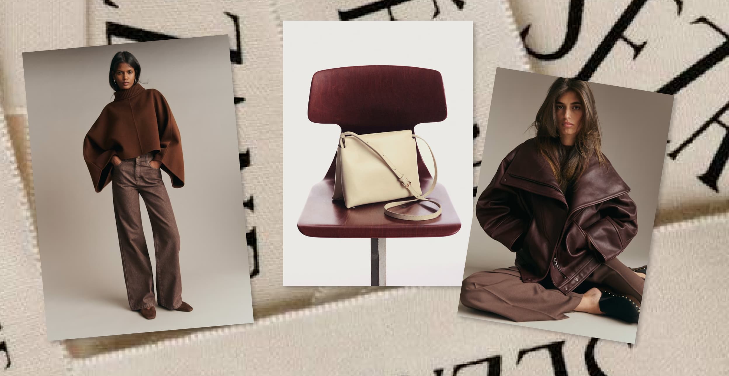 Collage of Sézane's 2026 collection: wool cape, bag on chair, and leather jacket