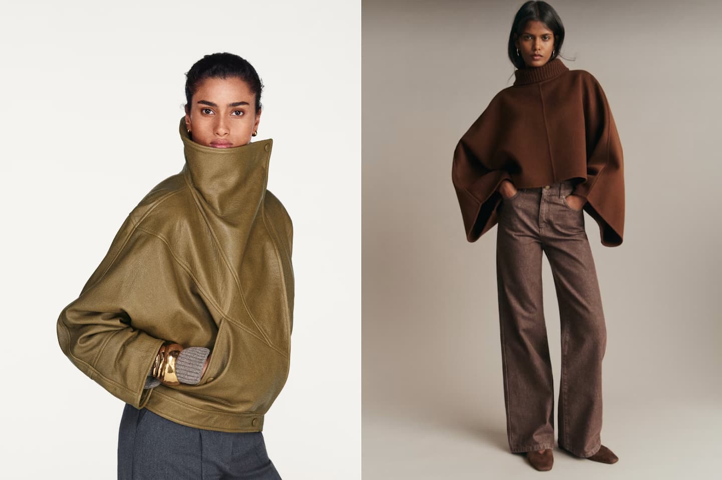Two Sézane 2026 looks with oversized structural leather jackets in olive and brown