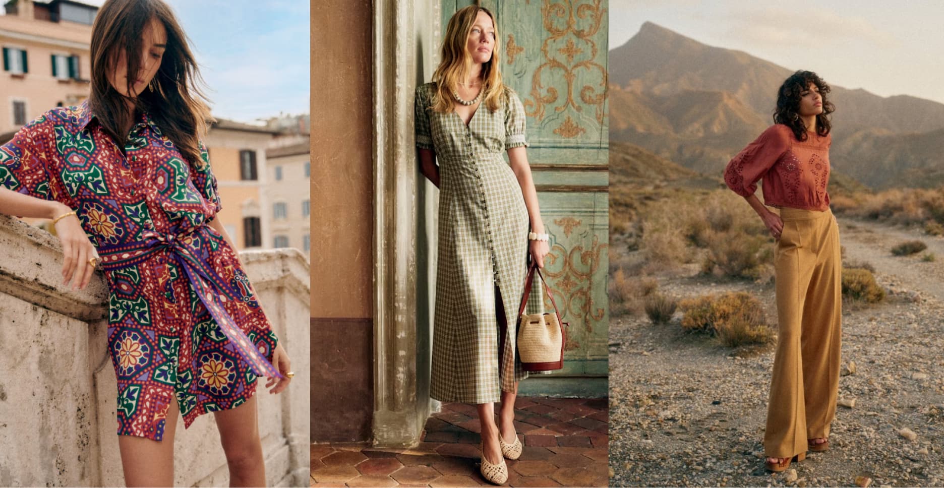 Three Sézane models in patterned, checked, and embroidered clothing