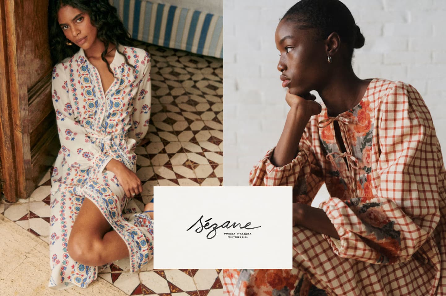 Sézane's original branding: patterned dresses and former script logo